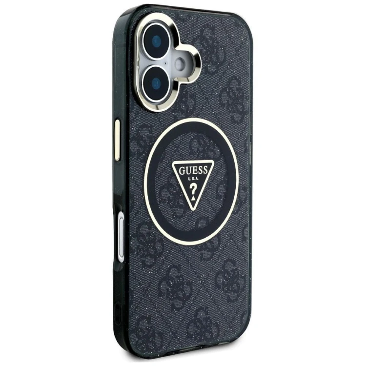 Etui Guess iPhone 16 Metal Glitter 4G Circle Triangle Czarne - MagSafe