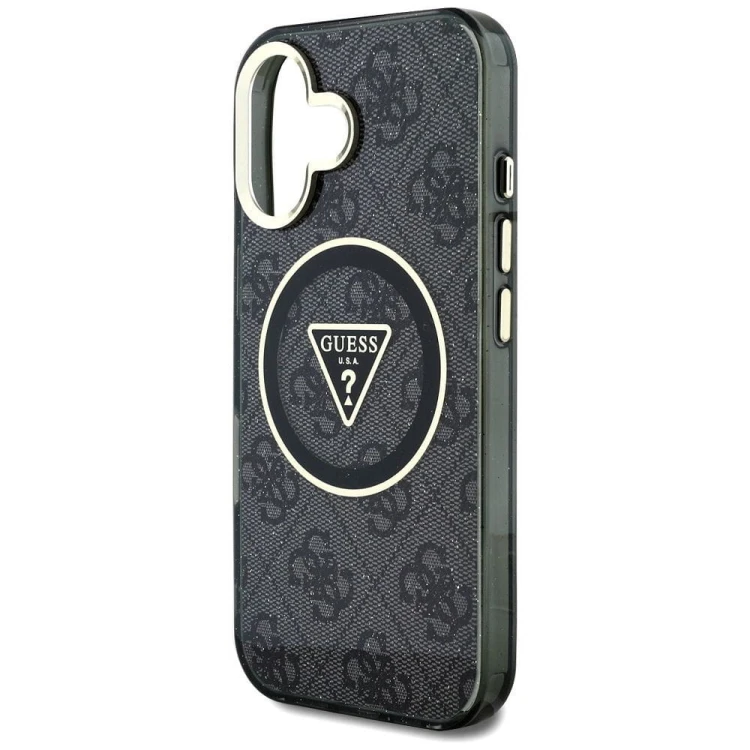 Etui Guess iPhone 16 Metal Glitter 4G Circle Triangle Czarne - MagSafe