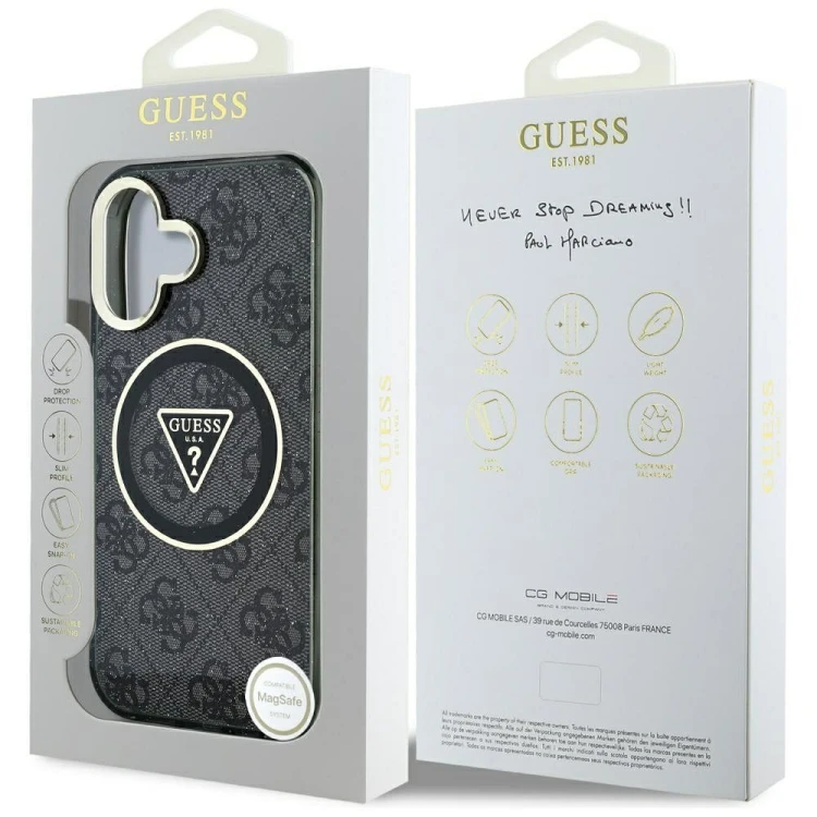 Etui Guess iPhone 16 Metal Glitter 4G Circle Triangle Czarne - MagSafe