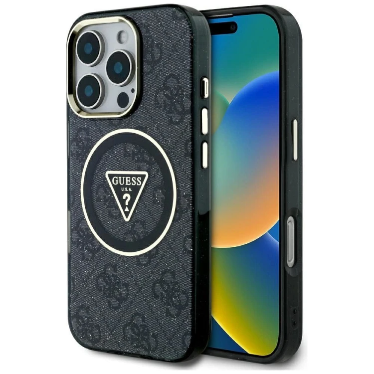 Etui Guess iPhone 16 Pro Metal Glitter 4G Circle Triangle Czarne - MagSafe
