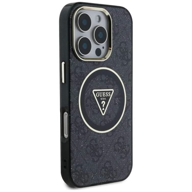 Etui Guess iPhone 16 Pro Metal Glitter 4G Circle Triangle Czarne - MagSafe