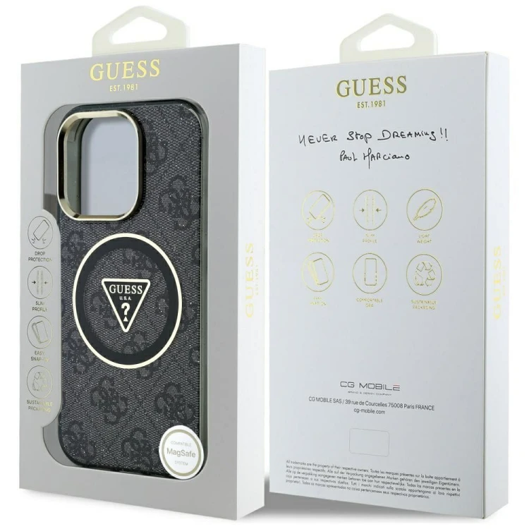 Etui Guess iPhone 16 Pro Metal Glitter 4G Circle Triangle Czarne - MagSafe
