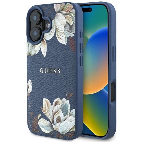 Etui Guess iPhone 16 Grained Flowers Niebieskie - MagSafe Kwiaty