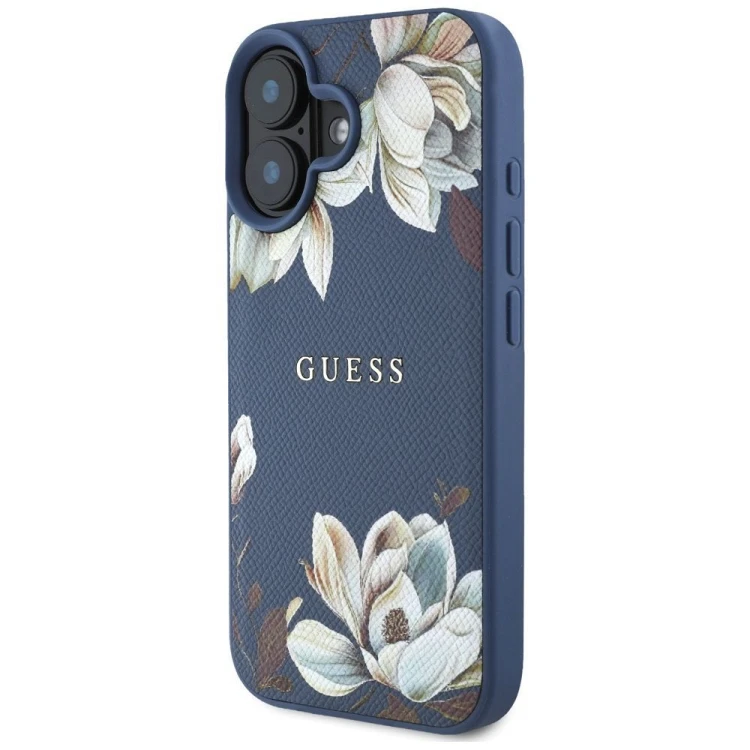 Etui Guess iPhone 16 Grained Flowers Niebieskie - MagSafe Kwiaty