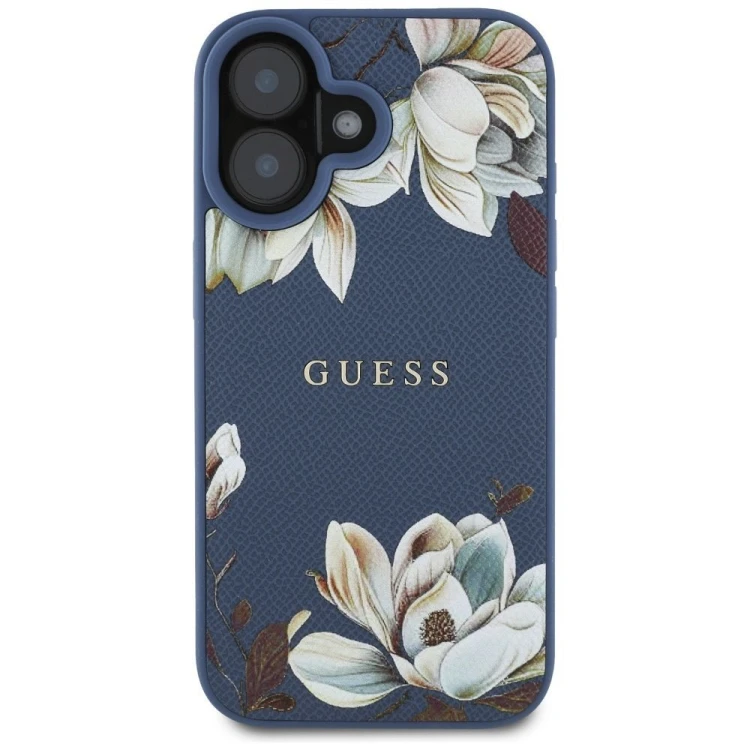 Etui Guess iPhone 16 Grained Flowers Niebieskie - MagSafe Kwiaty
