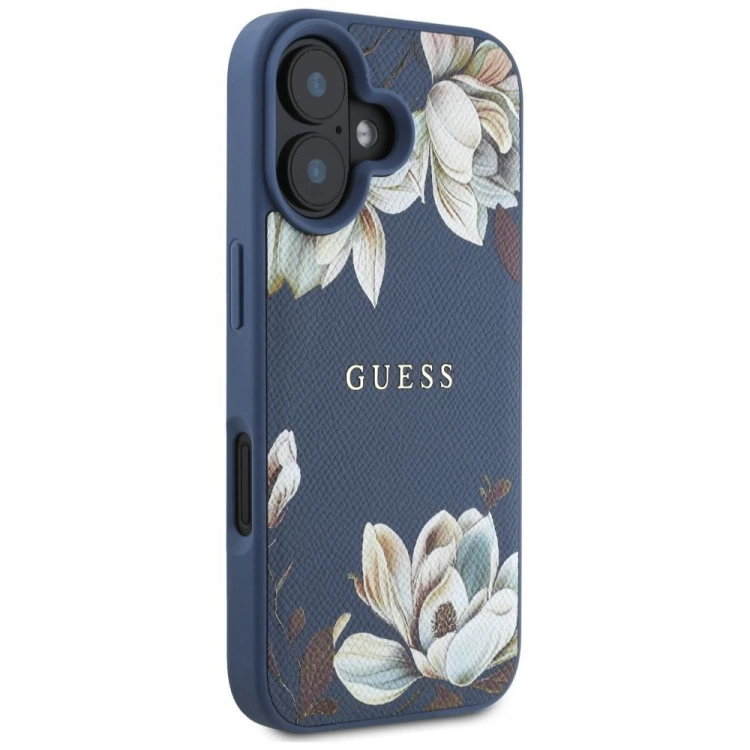 Etui Guess iPhone 16 Grained Flowers Niebieskie - MagSafe Kwiaty