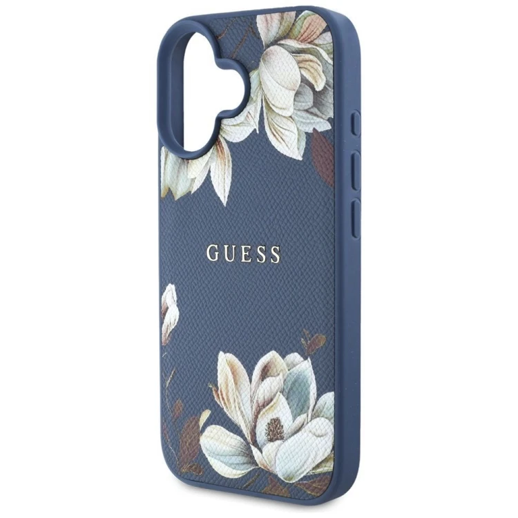 Etui Guess iPhone 16 Grained Flowers Niebieskie - MagSafe Kwiaty