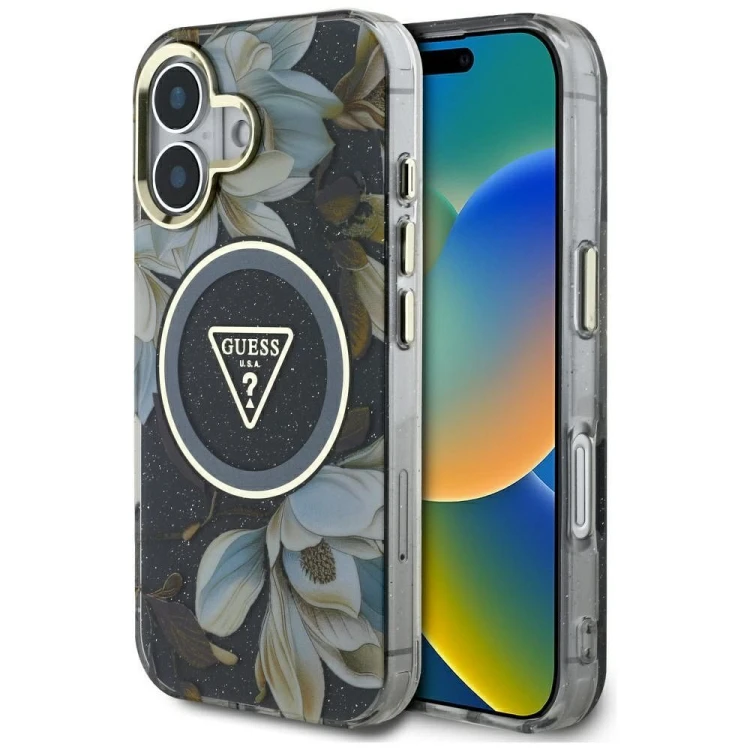 Etui Guess iPhone 16 Glitter Flowers Triangle Czarne - MagSafe Kwiaty