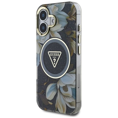 Etui Guess iPhone 16 Glitter Flowers Triangle Czarne - MagSafe Kwiaty