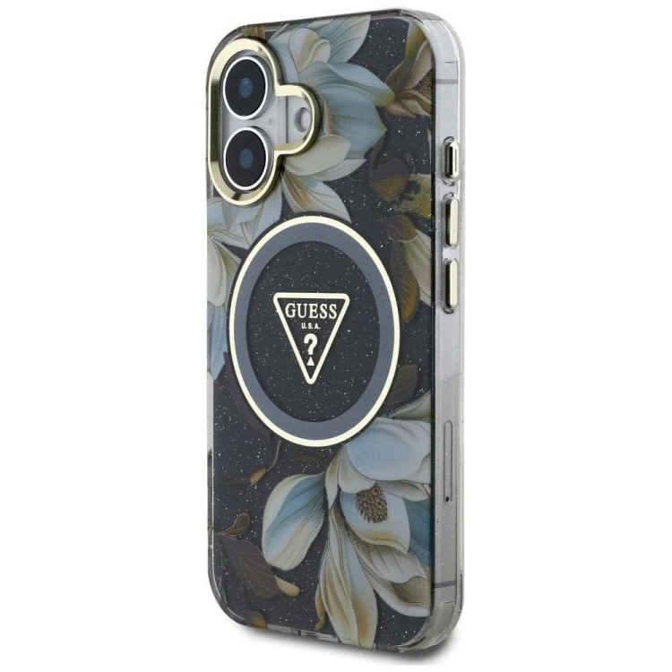 Etui Guess iPhone 16 Glitter Flowers Triangle Czarne - MagSafe Kwiaty