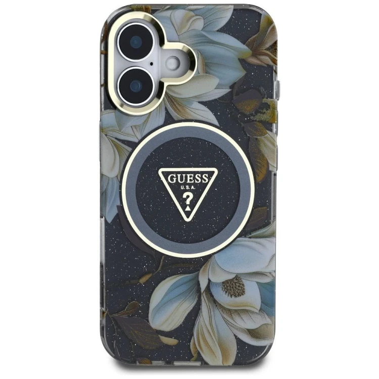 Etui Guess iPhone 16 Glitter Flowers Triangle Czarne - MagSafe Kwiaty