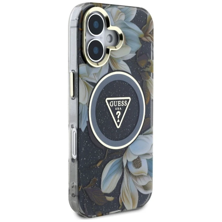 Etui Guess iPhone 16 Glitter Flowers Triangle Czarne - MagSafe Kwiaty