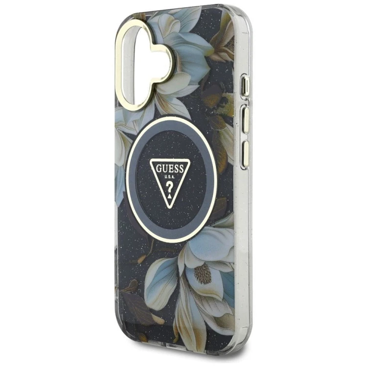 Etui Guess iPhone 16 Glitter Flowers Triangle Czarne - MagSafe Kwiaty