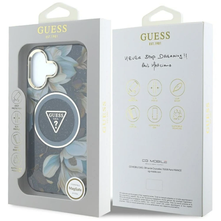 Etui Guess iPhone 16 Glitter Flowers Triangle Czarne - MagSafe Kwiaty