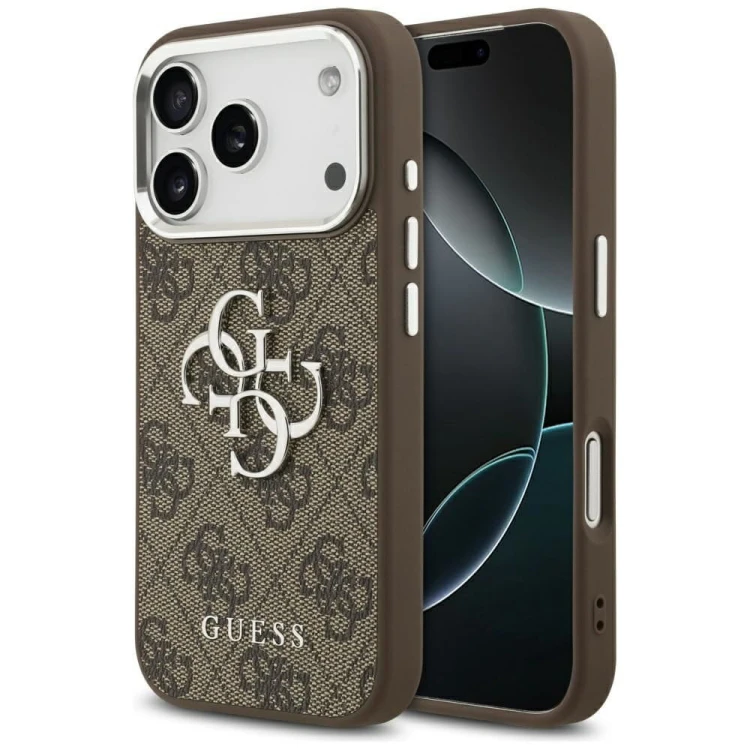 Etui Guess iPhone 17 Pro 4G Big 4G Classic Logo Brązowe - Srebrna Ramka