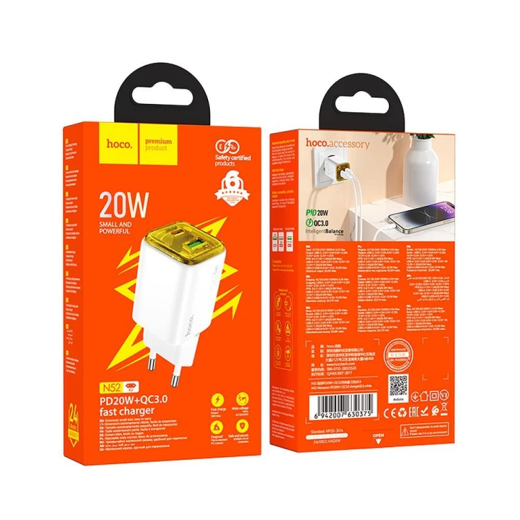 Ładowarka sieciowa Hoco N52 20W USB-C + USB-A PD QC3.0 biała – szybkie ładowanie