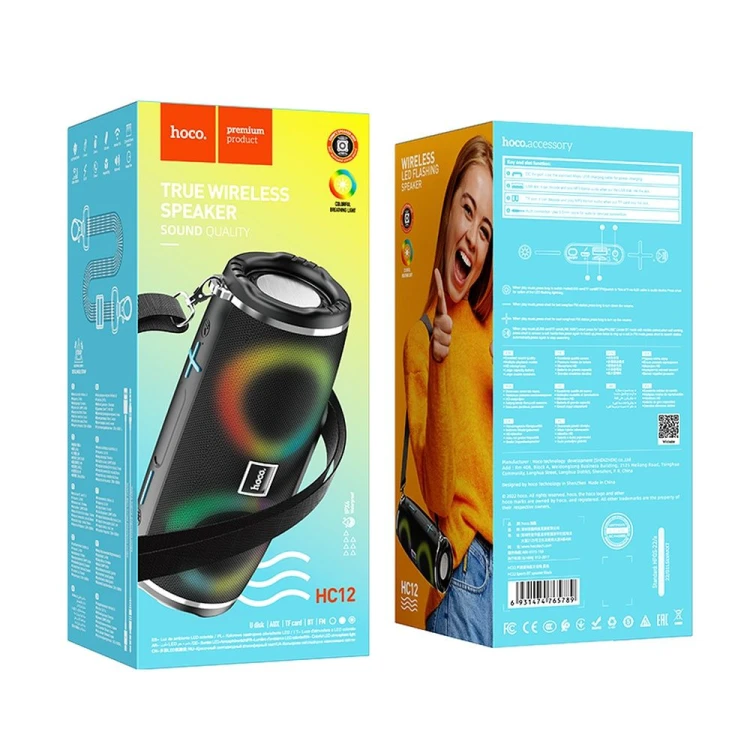 Przenośny głośnik bezprzewodowy Hoco HC12 10W z podświetleniem LED RGB – czarny