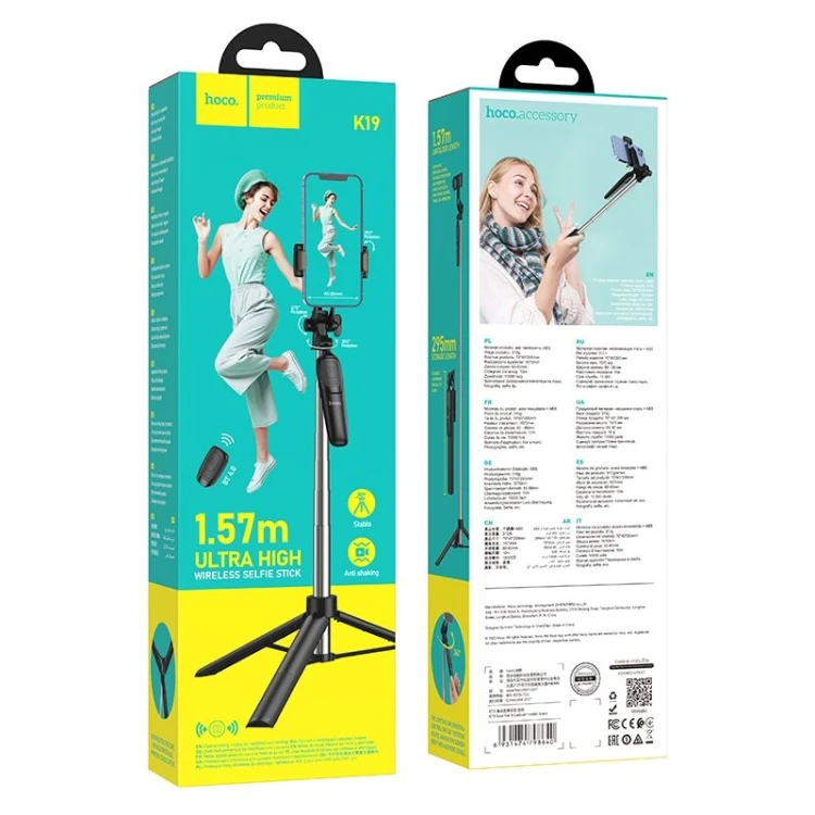 Profesjonalny Selfie Stick Hoco K19 Tripod z pilotem Bluetooth – czarny (1,57 m)