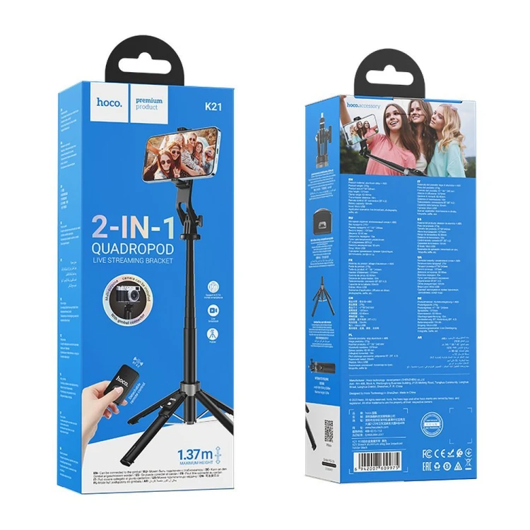 Profesjonalny Selfie Stick Hoco K21 Tripod z funkcją PTZ i pilotem – czarny