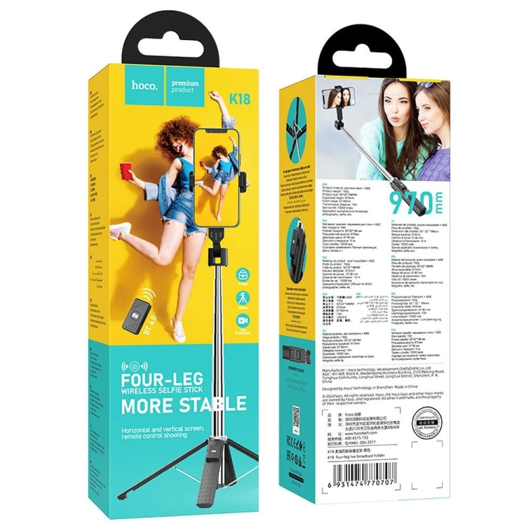 Selfie Stick Hoco K18 Fourpod z bezprzewodowym pilotem Bluetooth – czarny