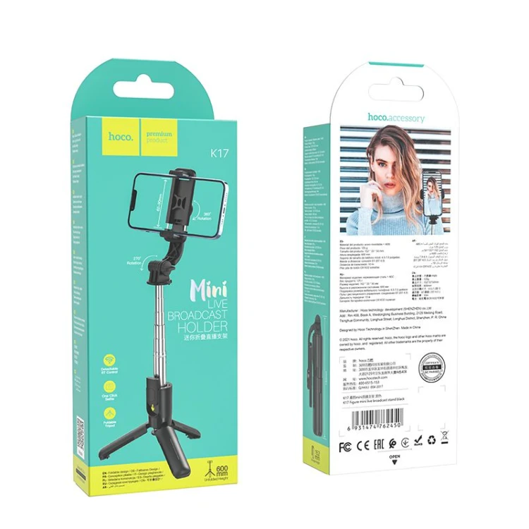 Selfie Stick Hoco K17 Tripod z bezprzewodowym pilotem Bluetooth – czarny