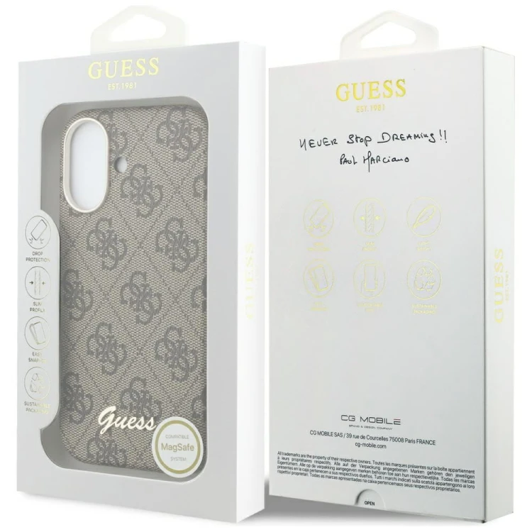 GUESS futerał iPhone 17 4G Script MagSafe brązowy – ekskluzywne etui