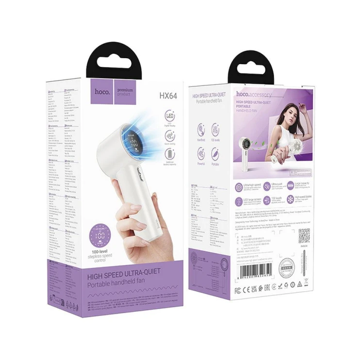 Super szybki wentylator przenośny Hoco HX64 z akumulatorem 3600 mAh – biały