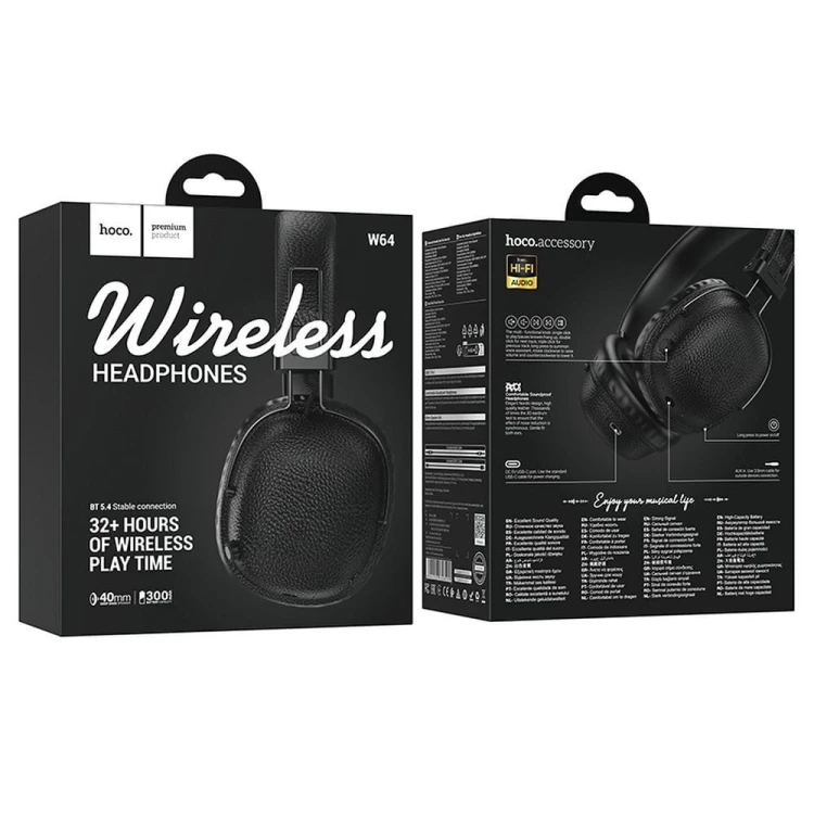 Bezprzewodowe słuchawki nauszne Hoco W64 z Bluetooth 5.4 i AUX – czarne