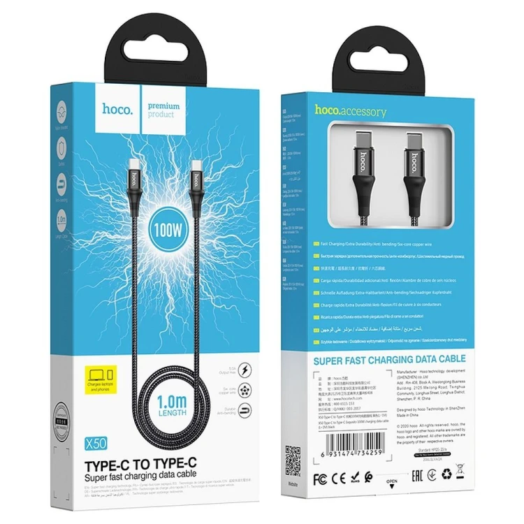 Kabel szybkoładujący USB-C do USB-C Hoco Exquisito X50 100W PD – czarny (1 m)