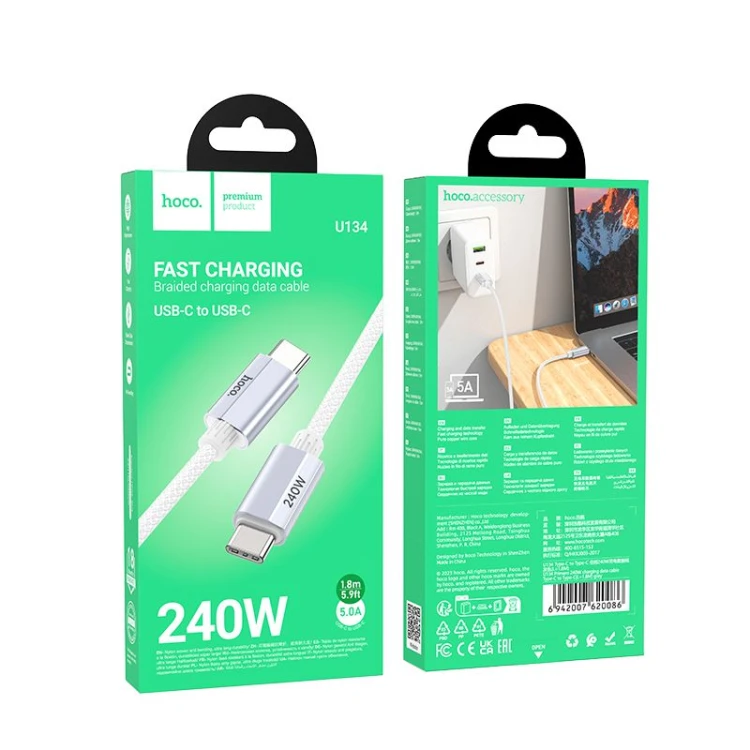 Ekstremalnie szybki kabel USB-C do USB-C Hoco U134 240W PD 3.1 – szary (1,8 m)