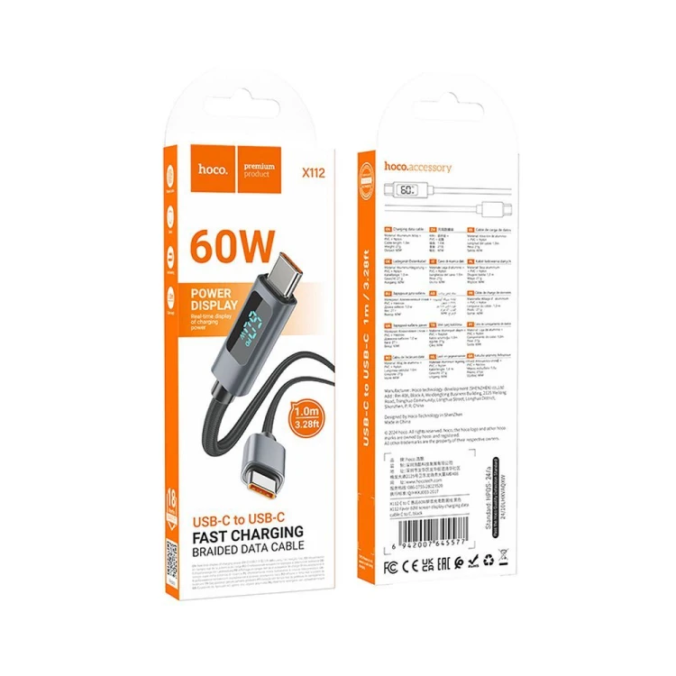 Kabel szybkoładujący USB-C do USB-C Hoco X112 60W z wyświetlaczem mocy – czarny (1 m)
