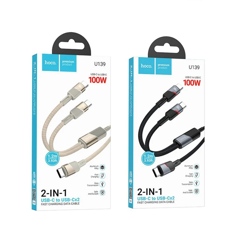 Szybkoładujący kabel 2w1 USB-C do 2x USB-C Hoco U139 100W PD – złoty (1,2 m)