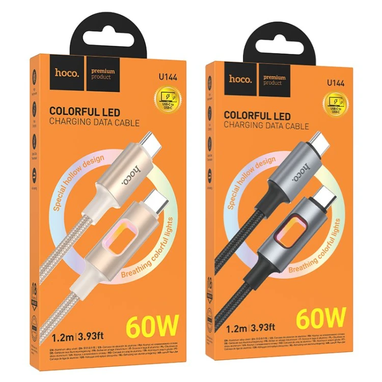 Kabel szybkoładujący USB-C do USB-C Hoco U144 60W z podświetleniem LED – czarny (1,2 m)
