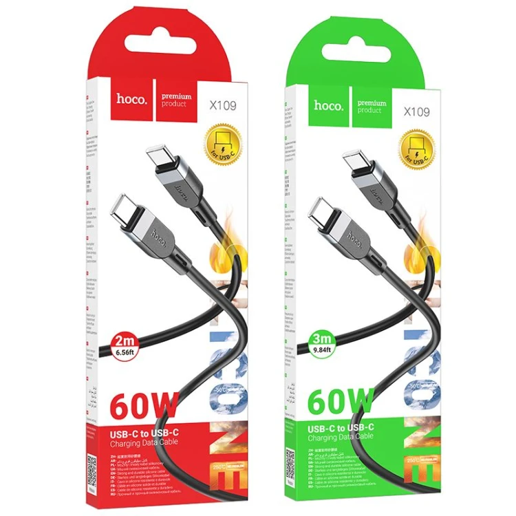 Szybkoładujący kabel silikonowy USB-C do USB-C Hoco X109 60W – czarny (2 m)