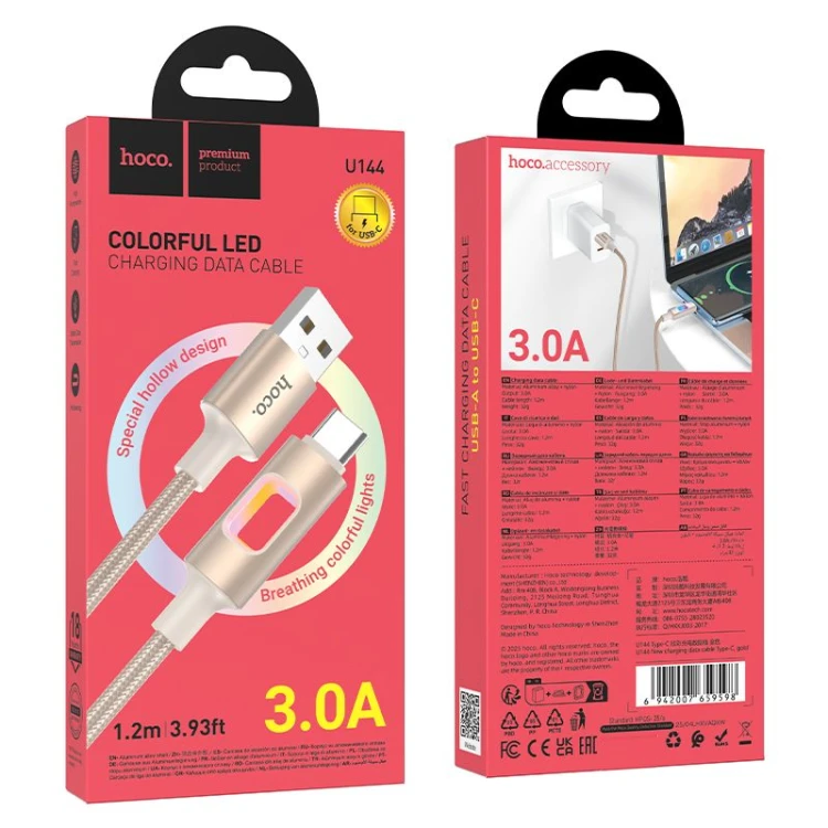 Kabel USB-A do USB-C Hoco U144 3A z efektownym podświetleniem LED – biały (1,2 m)