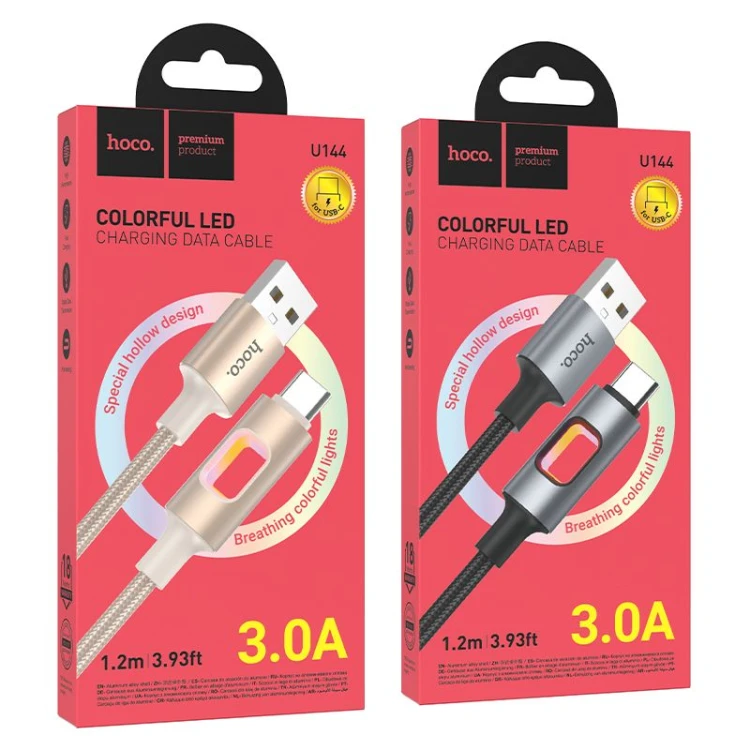 Kabel USB-A do USB-C Hoco U144 3A z efektownym podświetleniem LED – biały (1,2 m)