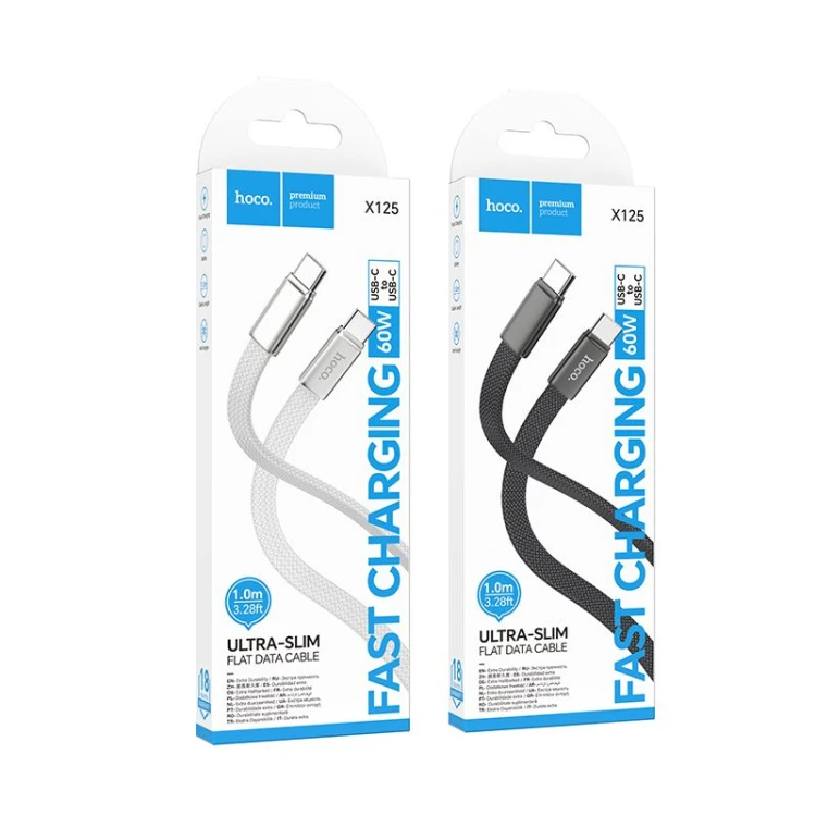Płaski kabel szybkoładujący USB-C do USB-C Hoco X125 60W Power Delivery – czarny (1 m)