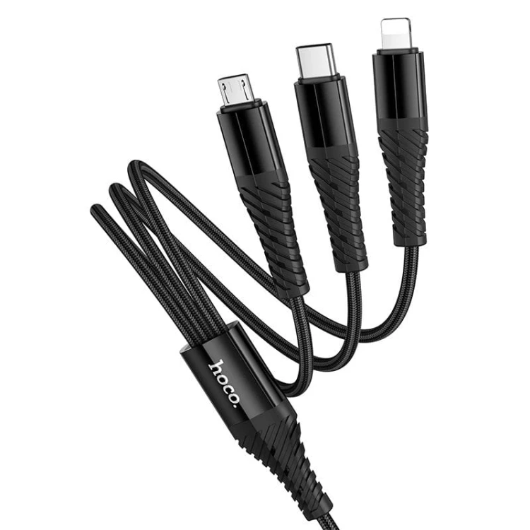 Wielofunkcyjny kabel 3w1 Hoco X123 z hybrydowym wejściem USB-C / USB-A – czarny (1 m)