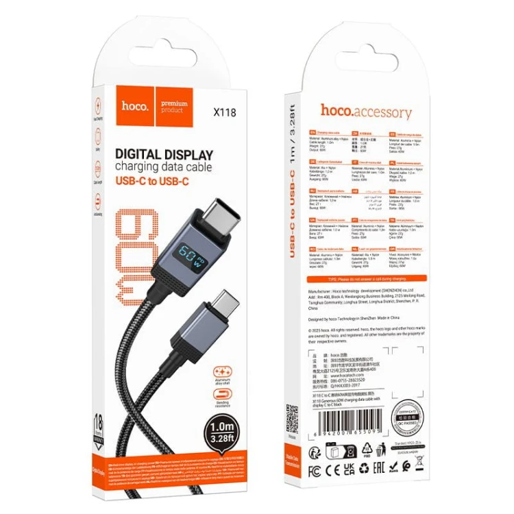 Kabel szybkoładujący USB-C do USB-C Hoco X118 60W z wyświetlaczem LED – czarny (1 m)