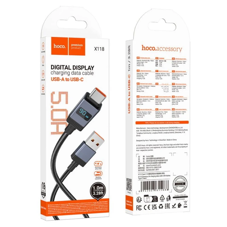 Kabel szybkoładujący USB-A do USB-C Hoco X118 5A z wyświetlaczem LED – czarny (1 m)