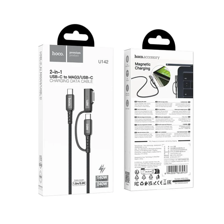 Kabel 2w1 USB-C do USB-C / MagSafe 3 Hoco U142 240W PD 3.1 – czarny (1,8 m)