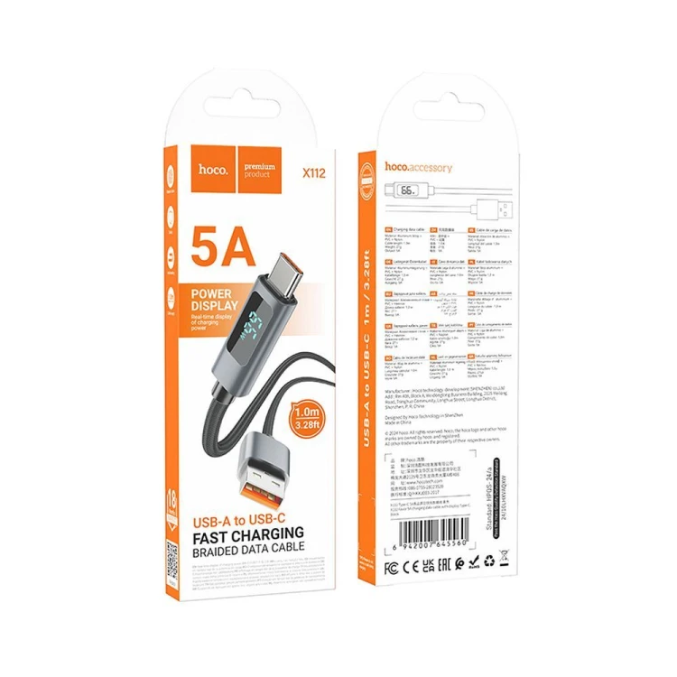 Kabel szybkoładujący USB-A do USB-C Hoco X112 5A z wyświetlaczem mocy – czarny (1 m)