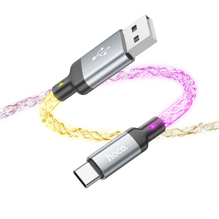 Kabel USB-A do USB-C Hoco U112 3A z podświetleniem LED – szary (1 m)