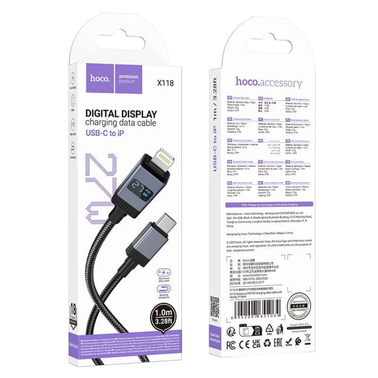Kabel szybkoładujący USB-C do Lightning Hoco X118 27W PD z wyświetlaczem LED – czarny (1 m)