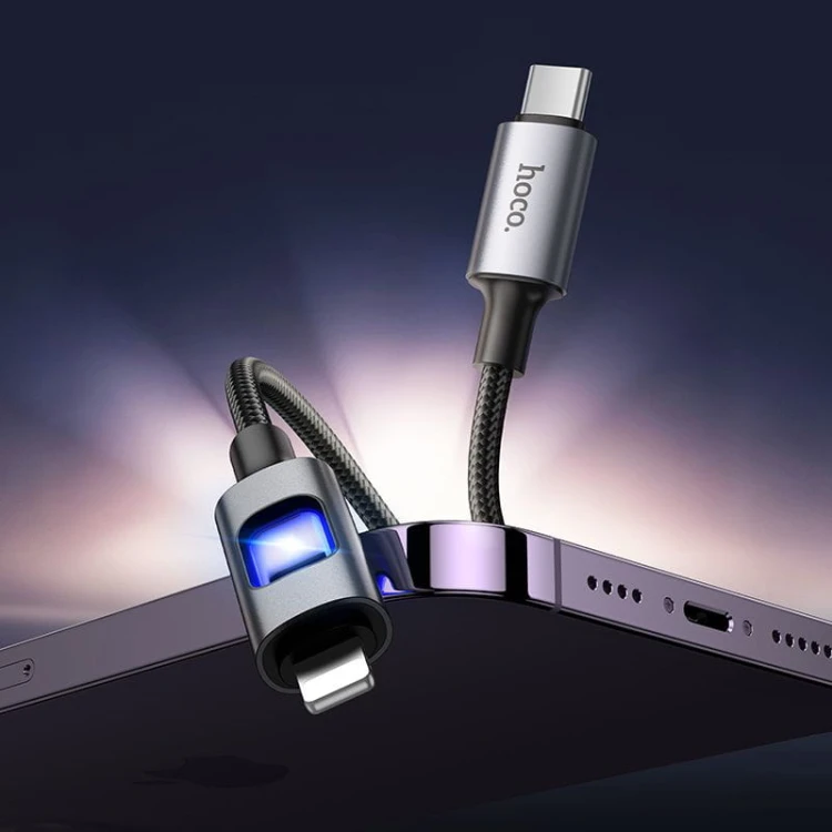 Kabel szybkoładujący USB-C do Lightning Hoco U144 27W Power Delivery z podświetleniem LED – czarny (1,2 m)