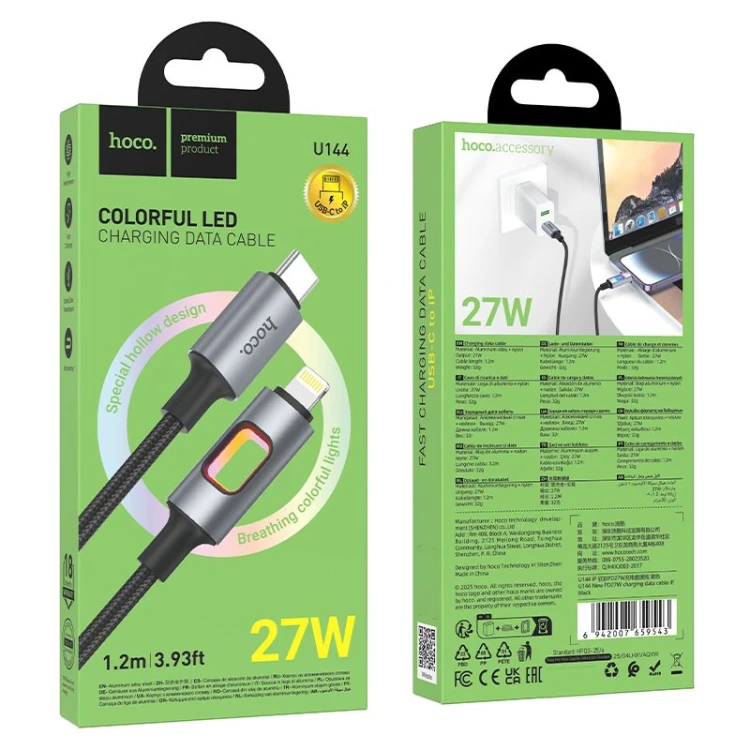 Kabel szybkoładujący USB-C do Lightning Hoco U144 27W Power Delivery z podświetleniem LED – czarny (1,2 m)