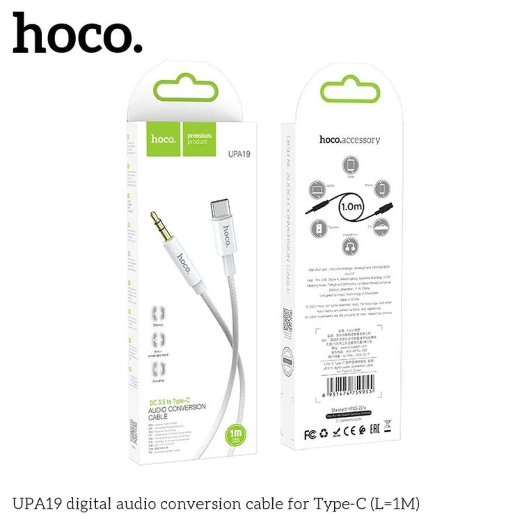 Kabel audio AUX Mini Jack 3,5 mm do USB-C Hoco UPA19 – srebrny (1 m)