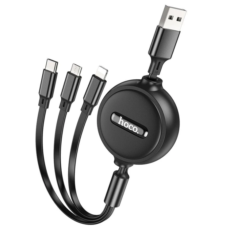 Zwijany kabel ładujący 3w1 Hoco X75 USB-A do Lightning / Micro USB / USB-C – czarny (1 m)