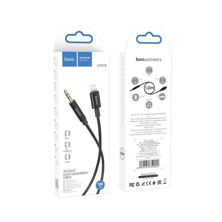 Kabel audio AUX Mini Jack 3,5 mm do Lightning Hoco UPA19 – czarny (1 m)