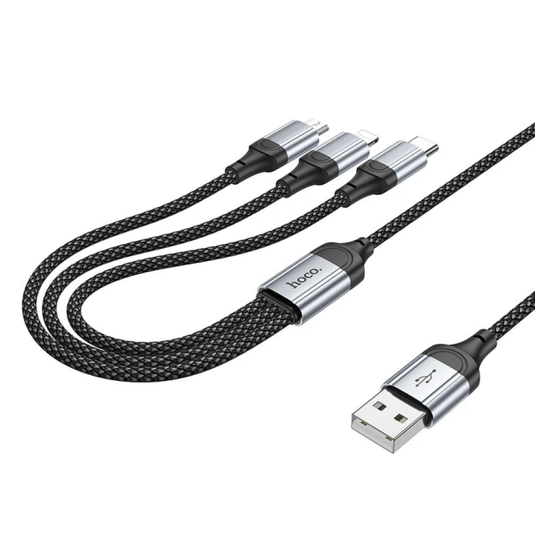 Wielofunkcyjny kabel ładujący 3w1 Hoco X102 USB-A do Lightning / Micro USB / USB-C – czarny (1 m)